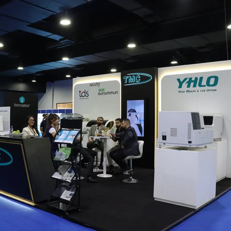 The TMC stand at MEDICO 2026 in Erbil, with the YHLO, Revvity IDS, EUROIMMUN and Bonraybio signs